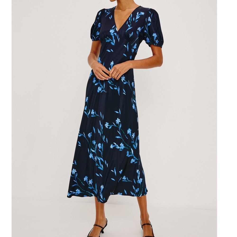 Rails Junia Maxi Dress Blue Carnation Satin Floral Puff Sleeve V Neck Black S